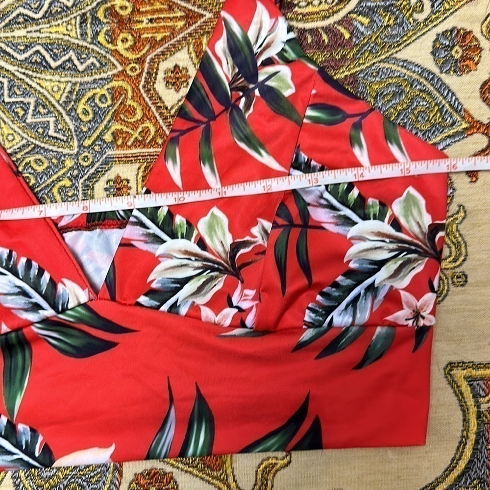 TROPICAL Two Piece Skirt Set Red Size Large Palm Print Lillies Summer - Picture 10 of 16